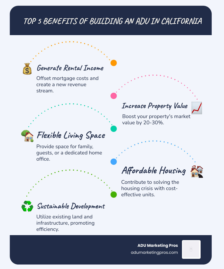 Infographic showing the top 5 benefits of building an ADU in California: 1) Generate rental income to offset mortgage costs, 2) Increase property value by 20-30%, 3) Create flexible living space for family or guests, 4) Provide affordable housing solutions in high-cost areas, 5) Promote sustainable development using existing infrastructure and land - ADU rules California infographic infographic-line-5-steps-blues-accent_colors Infographic showing the top 5 benefits of building an ADU in California: 1) Generate rental income to offset mortgage costs, 2) Increase property value by 20-30%, 3) Create flexible living space for family or guests, 4) Provide affordable housing solutions in high-cost areas, 5) Promote sustainable development using existing infrastructure and land - ADU rules California infographic infographic-line-5-steps-blues-accent_colors