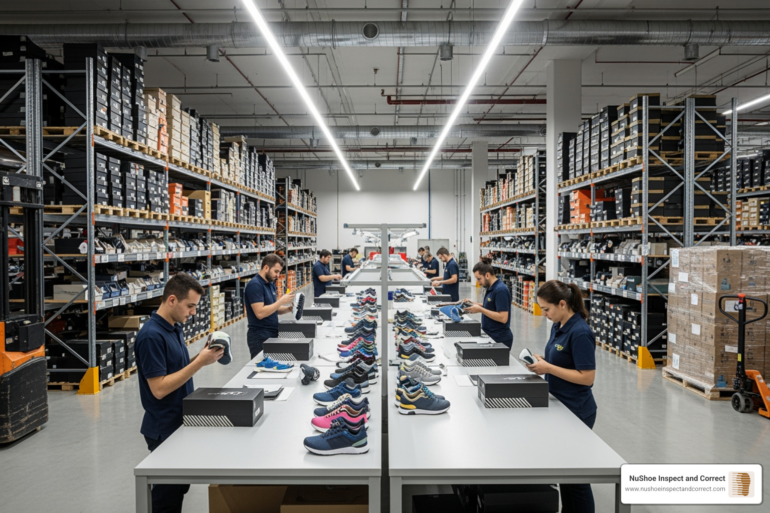 warehouse facility where workers are inspecting and repackaging shoes - shoe repackaging warehouse facility where workers are inspecting and repackaging shoes - shoe repackaging