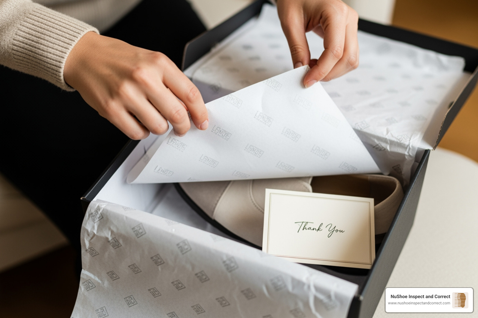 person unboxing a pair of shoes with custom branded tissue paper and a thank you card - shoe repackaging person unboxing a pair of shoes with custom branded tissue paper and a thank you card - shoe repackaging