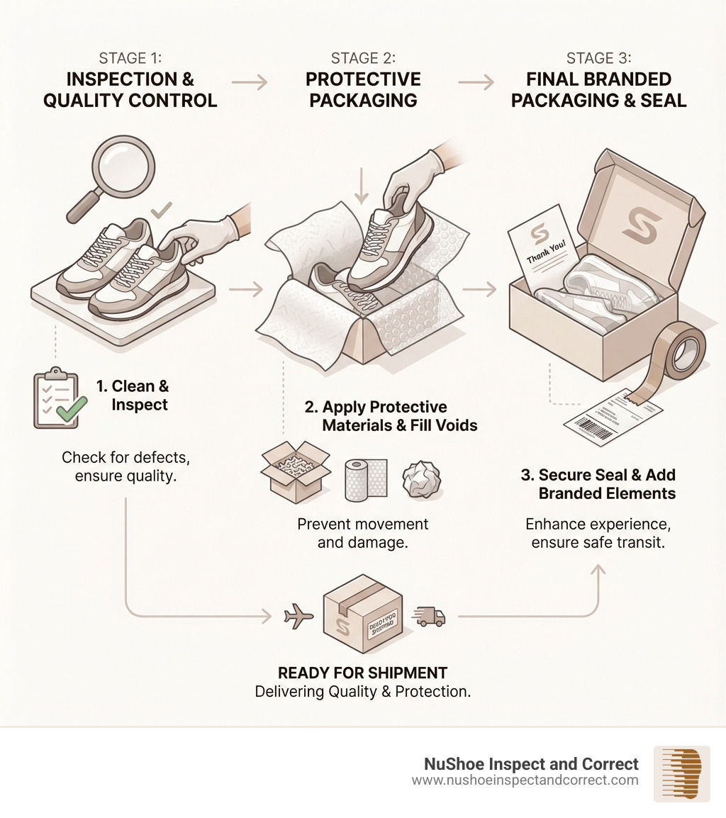 infographic showing the complete shoe repackaging process from inspection through quality control to final packaging with protective materials and branded elements - shoe repackaging infographic infographic showing the complete shoe repackaging process from inspection through quality control to final packaging with protective materials and branded elements - shoe repackaging infographic