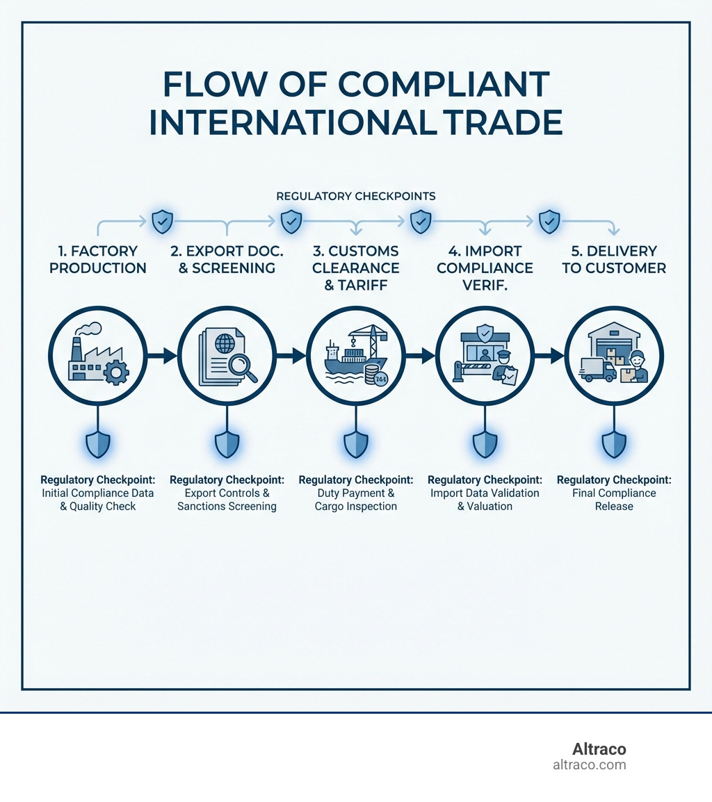 infographic showing the flow of compliant international trade: factory production, export documentation and screening, customs clearance and tariff payment, import compliance verification, delivery to customer, with regulatory checkpoints at each stage - trade compliance infographic 