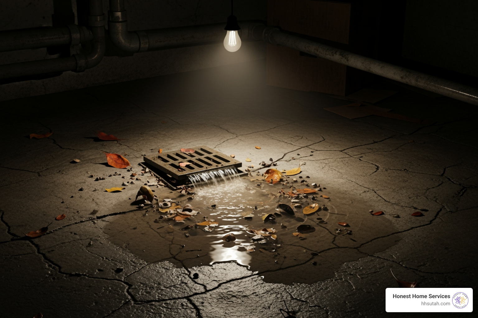 Backed-up floor drain in a basement. - main drain clean out Backed-up floor drain in a basement. - main drain clean out