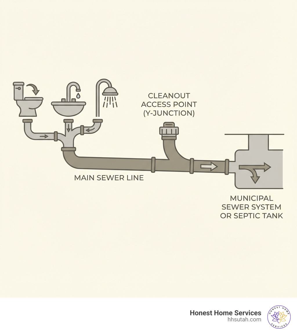 Infographic showing how wastewater flows from home fixtures like toilets, sinks, and showers through drain pipes to the main sewer line, with the cleanout access point marked as a Y-shaped junction before the line exits to the municipal sewer or septic system - main drain clean out infographic Infographic showing how wastewater flows from home fixtures like toilets, sinks, and showers through drain pipes to the main sewer line, with the cleanout access point marked as a Y-shaped junction before the line exits to the municipal sewer or septic system - main drain clean out infographic