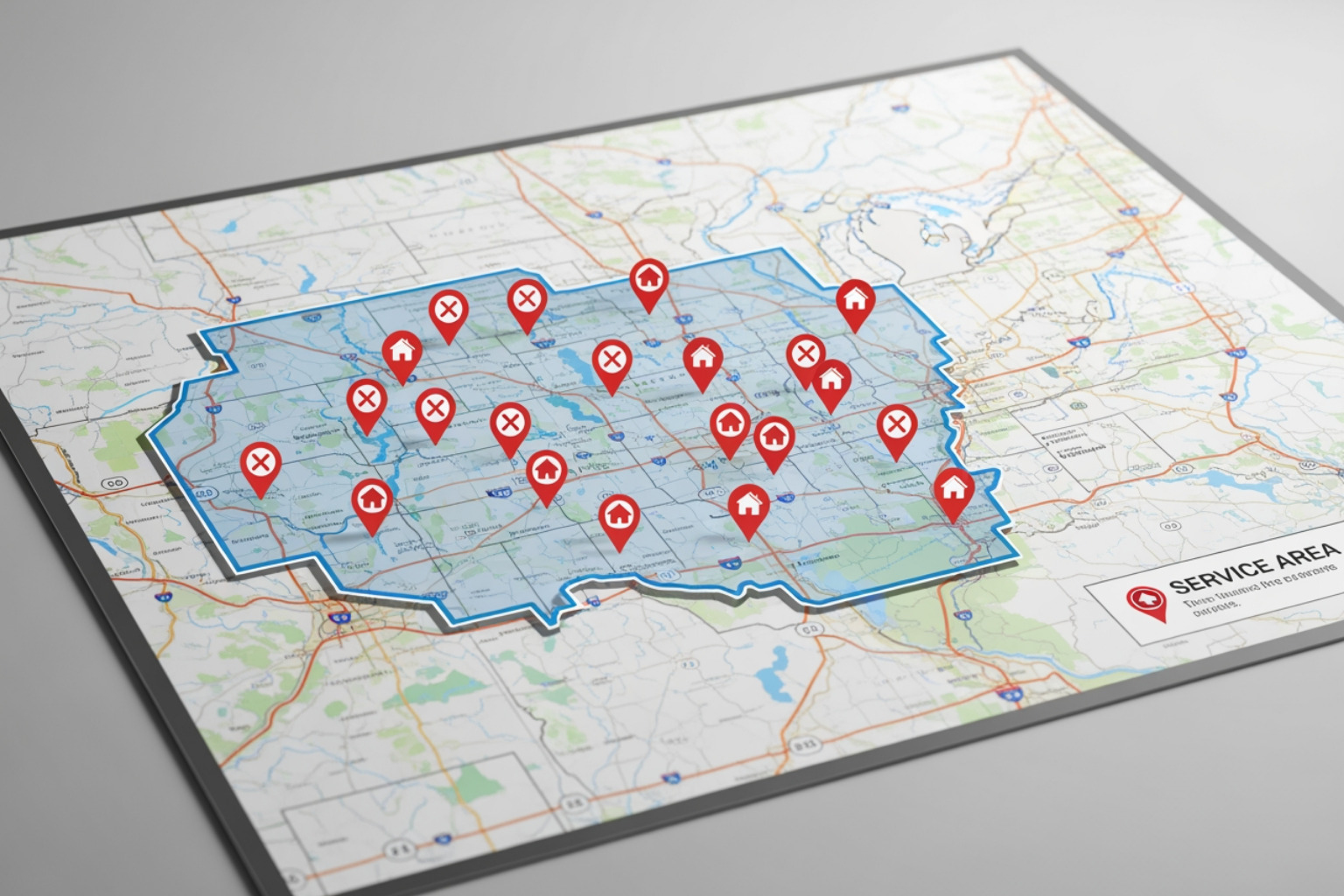 map with pins showing a construction company's service area - construction company seo for more leads