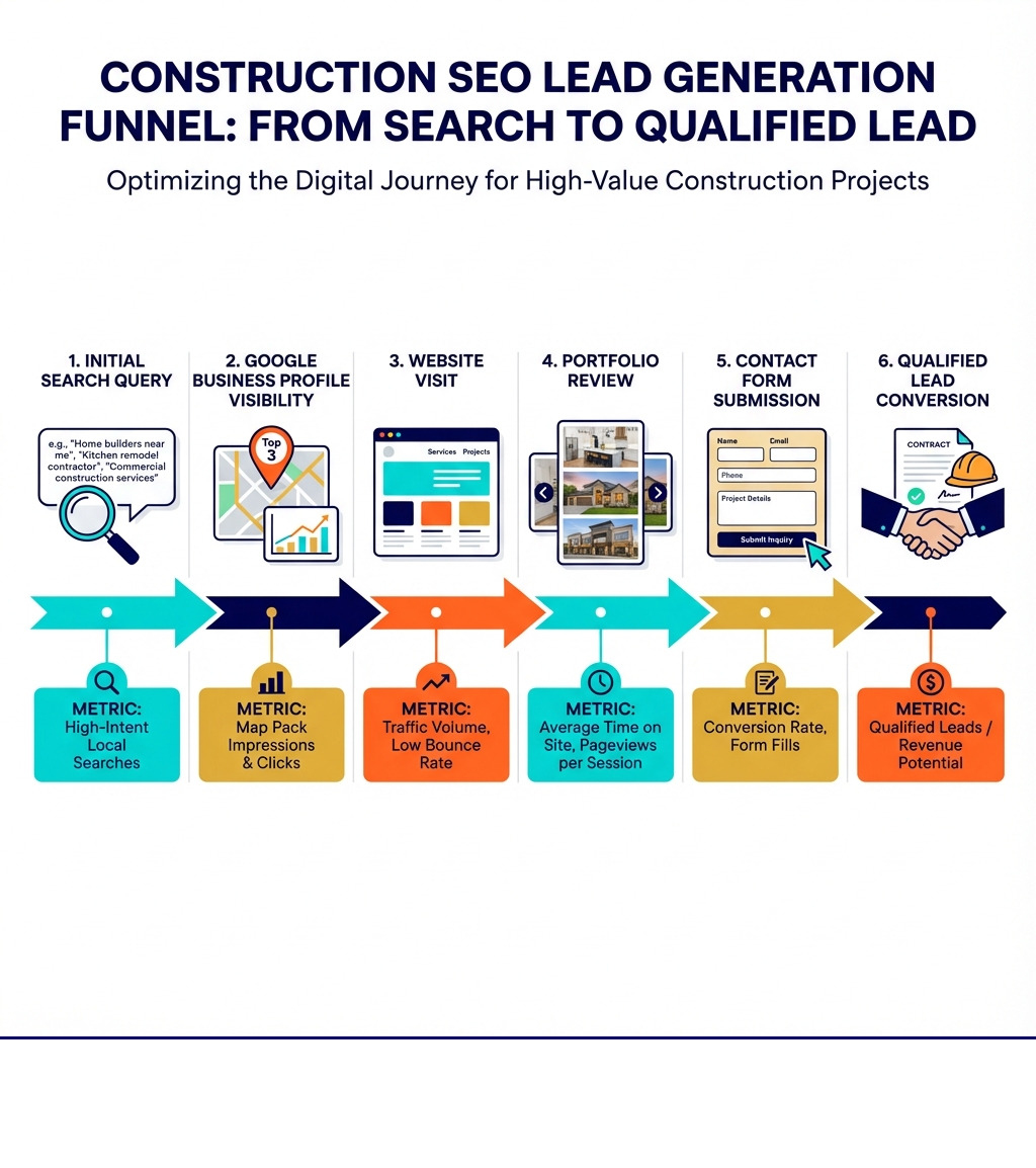 infographic showing the construction SEO lead generation funnel from initial search query through Google Business Profile visibility, website visit, portfolio review, contact form submission, to qualified lead conversion with key metrics at each stage - construction company seo for more leads infographic 
