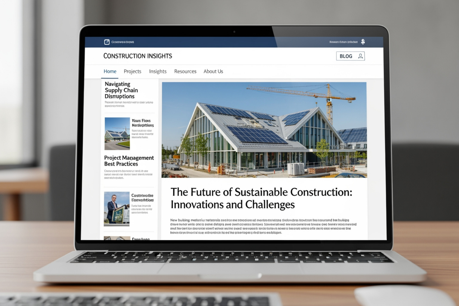 well-designed construction company blog page on a laptop - construction company seo for more leads