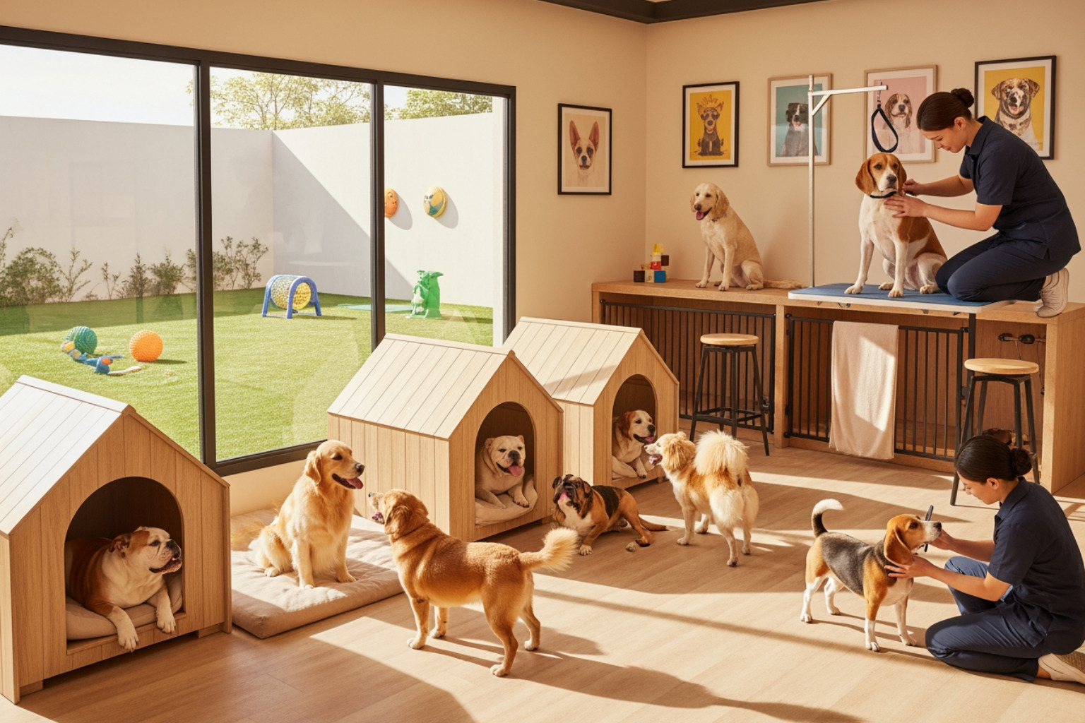 caring staff member gently petting a calm dog in a quiet indoor space - dog house boarding and grooming caring staff member gently petting a calm dog in a quiet indoor space - dog house boarding and grooming