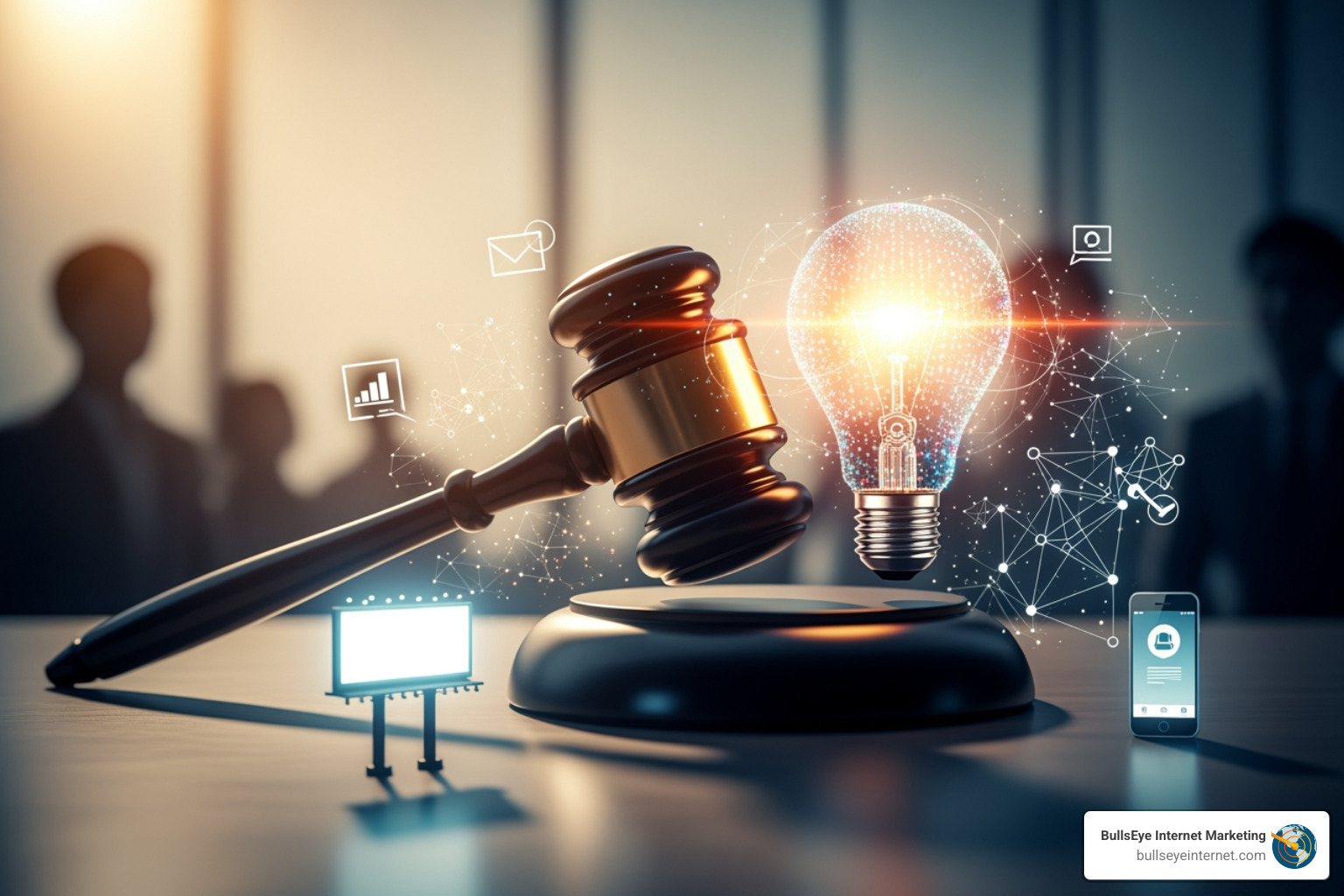 lawyer's professional social media profile and a Google search result page - Advertising for Lawyers Gavel symbolizing legal authority with digital marketing elements like light bulb, smartphone, and analytics icons, representing innovative advertising strategies for lawyers.