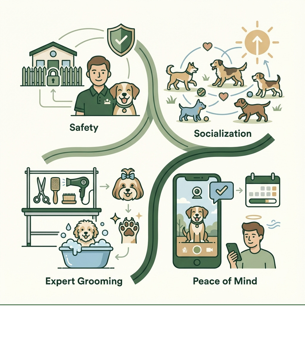 Infographic showing the key benefits of professional dog house boarding and grooming: Safety with trained staff and secure facilities, Socialization through supervised group play and interaction with other dogs, Expert Grooming including baths, nail trims, and breed-specific cuts, and Peace of Mind for owners through transparent communication, webcam access, and daily updates - dog house boarding and grooming infographic Infographic showing the key benefits of professional dog house boarding and grooming: Safety with trained staff and secure facilities, Socialization through supervised group play and interaction with other dogs, Expert Grooming including baths, nail trims, and breed-specific cuts, and Peace of Mind for owners through transparent communication, webcam access, and daily updates - dog house boarding and grooming infographic