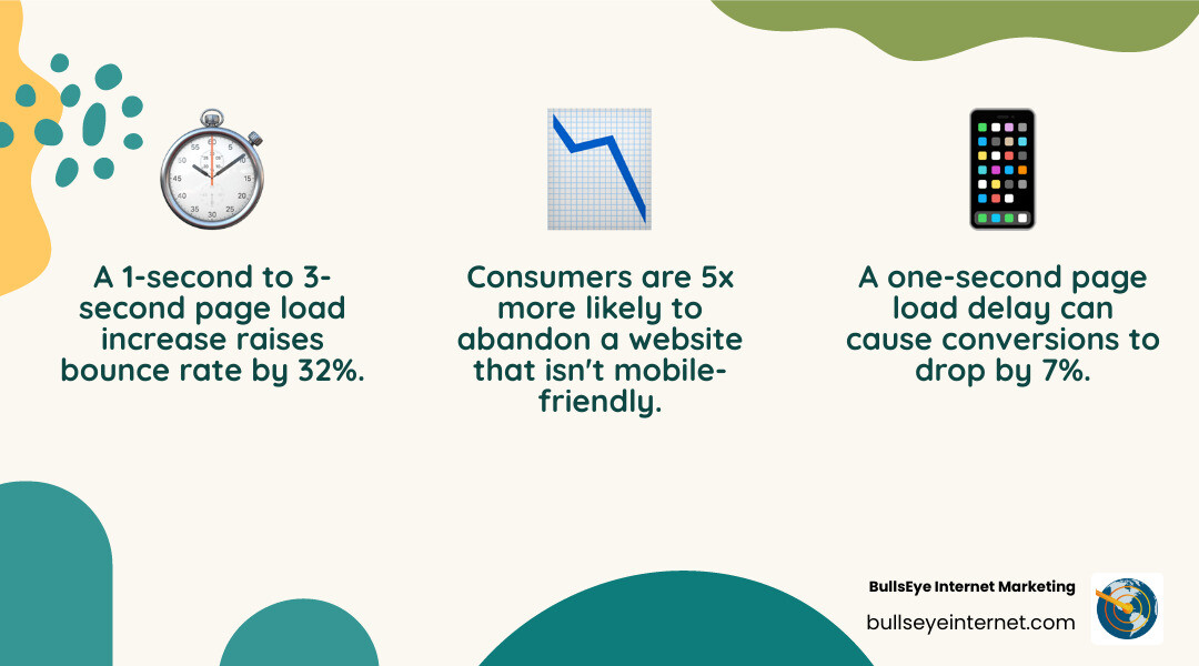 Infographic highlighting mobile website performance metrics: stopwatch indicating load time impact on bounce rate, downward trend graph illustrating abandonment rates for non-mobile-friendly sites, and smartphone icon showing conversion drop due to page load delays; branded with Bullseye Internet Marketing logo and website.