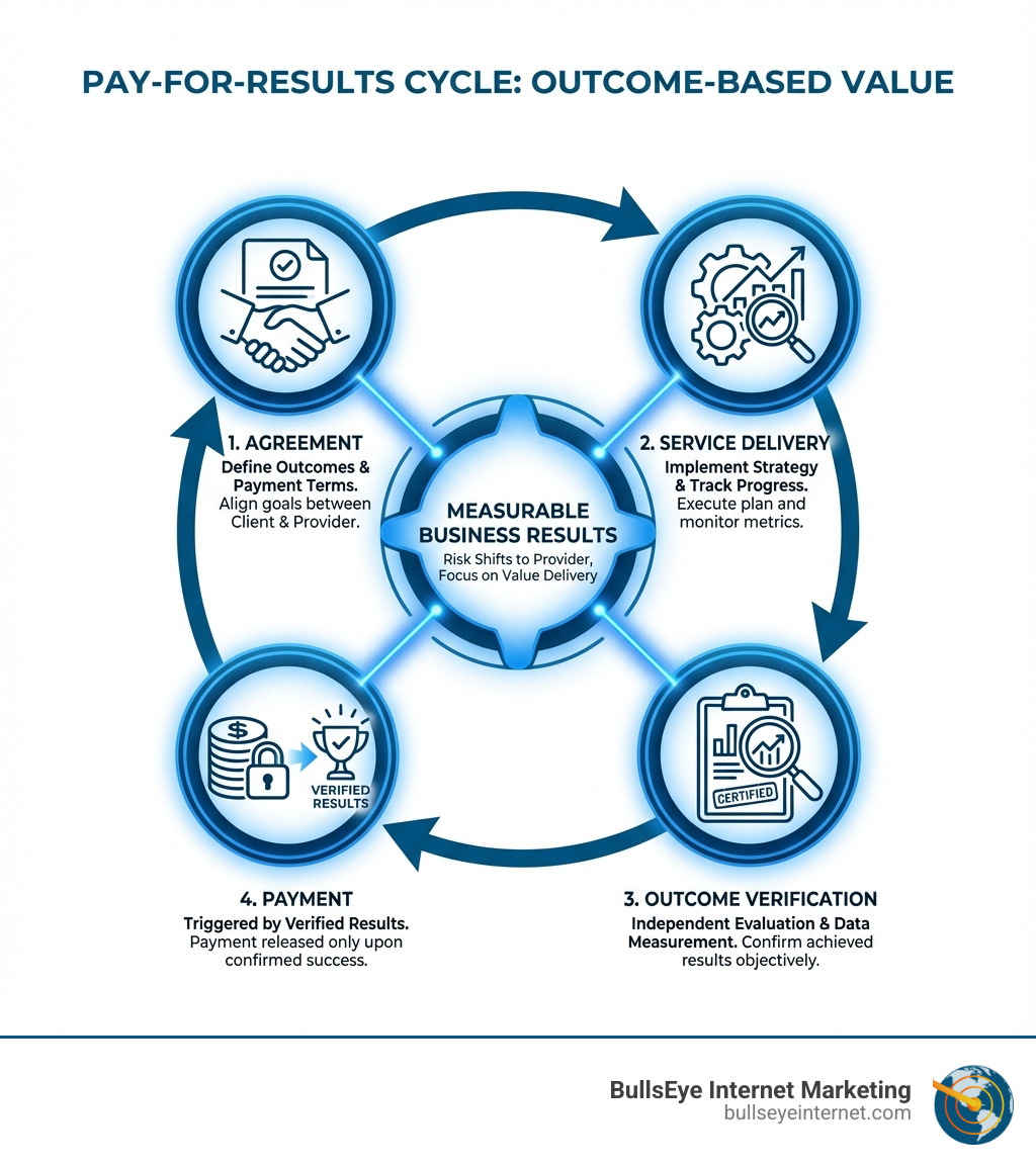 Infographic showing the Pay-for-Results cycle: Step 1 - Agreement on outcomes and payment terms between client and provider. Step 2 - Service Delivery with provider implementing strategy and tracking progress. Step 3 - Outcome Verification through independent evaluation and data measurement. Step 4 - Payment triggered only when agreed-upon results are achieved and verified. - Pay for results infographic 