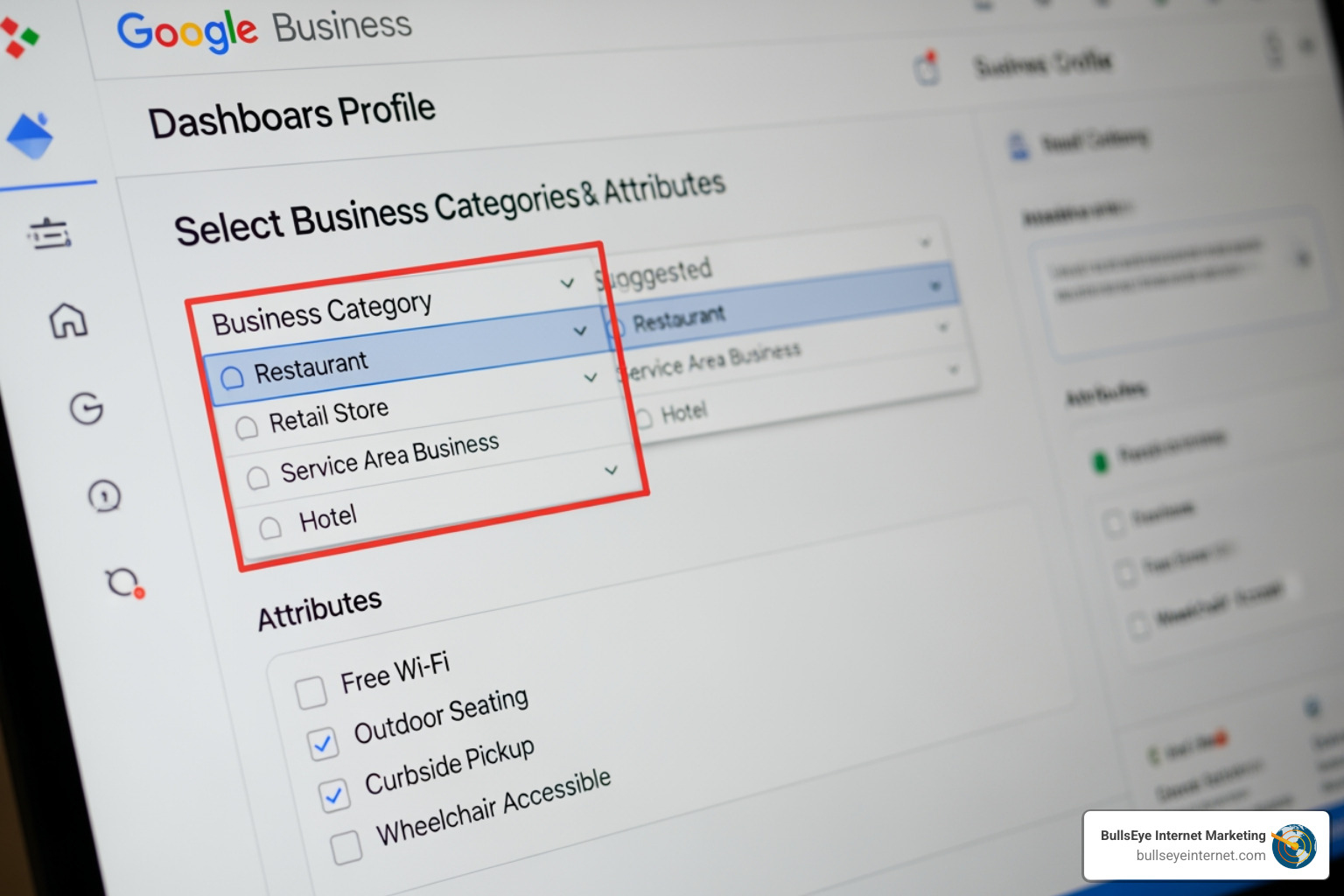Google Business Profile interface displaying selected business category "Restaurant" with attributes like "Outdoor Seating" and "Curbside Pickup," emphasizing the importance of category selection for local SEO optimization.