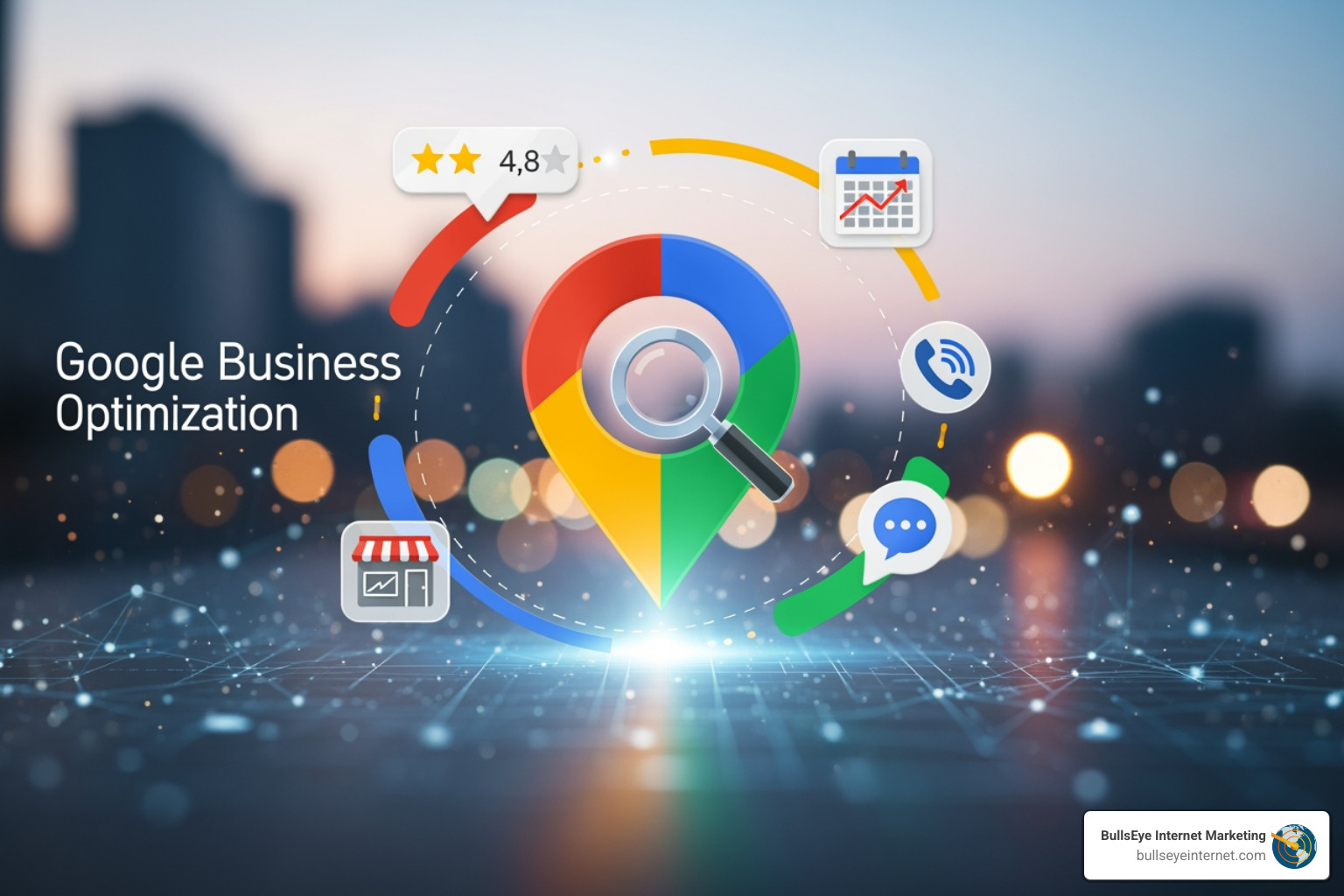 Google Business Optimization graphic featuring a location pin with a magnifying glass, star ratings, and icons representing business features like calls, reviews, and analytics, emphasizing local visibility and customer engagement for Bullseye Internet Marketing.