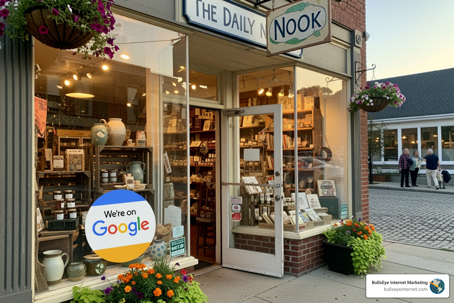 Storefront of "The Daily Nook" featuring a variety of products, with a "We're on Google" sign promoting online visibility, surrounded by colorful flowers and passersby in a quaint shopping area.