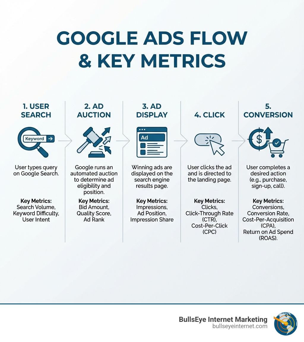 Google Ads flow diagram illustrating user search, ad auction, ad display, click, and conversion processes, with key metrics highlighted for effective campaign optimization.