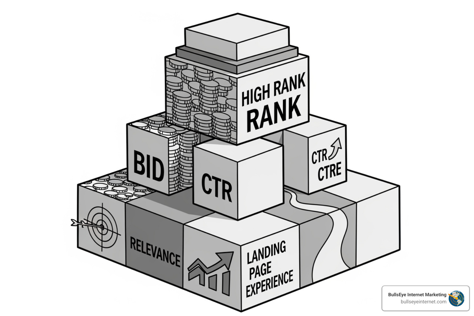 Illustration of Google Ads Quality Score components, featuring labeled blocks for Bid, CTR, Relevance, and Landing Page Experience, with a focus on achieving a high rank in search results.