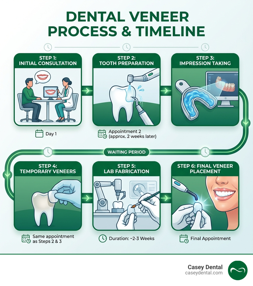 infographic showing dental veneer process from initial consultation through tooth preparation, impression taking, temporary veneers, lab fabrication, and final veneer placement with timeline - dental veneer pricing infographic infographic showing dental veneer process from initial consultation through tooth preparation, impression taking, temporary veneers, lab fabrication, and final veneer placement with timeline - dental veneer pricing infographic