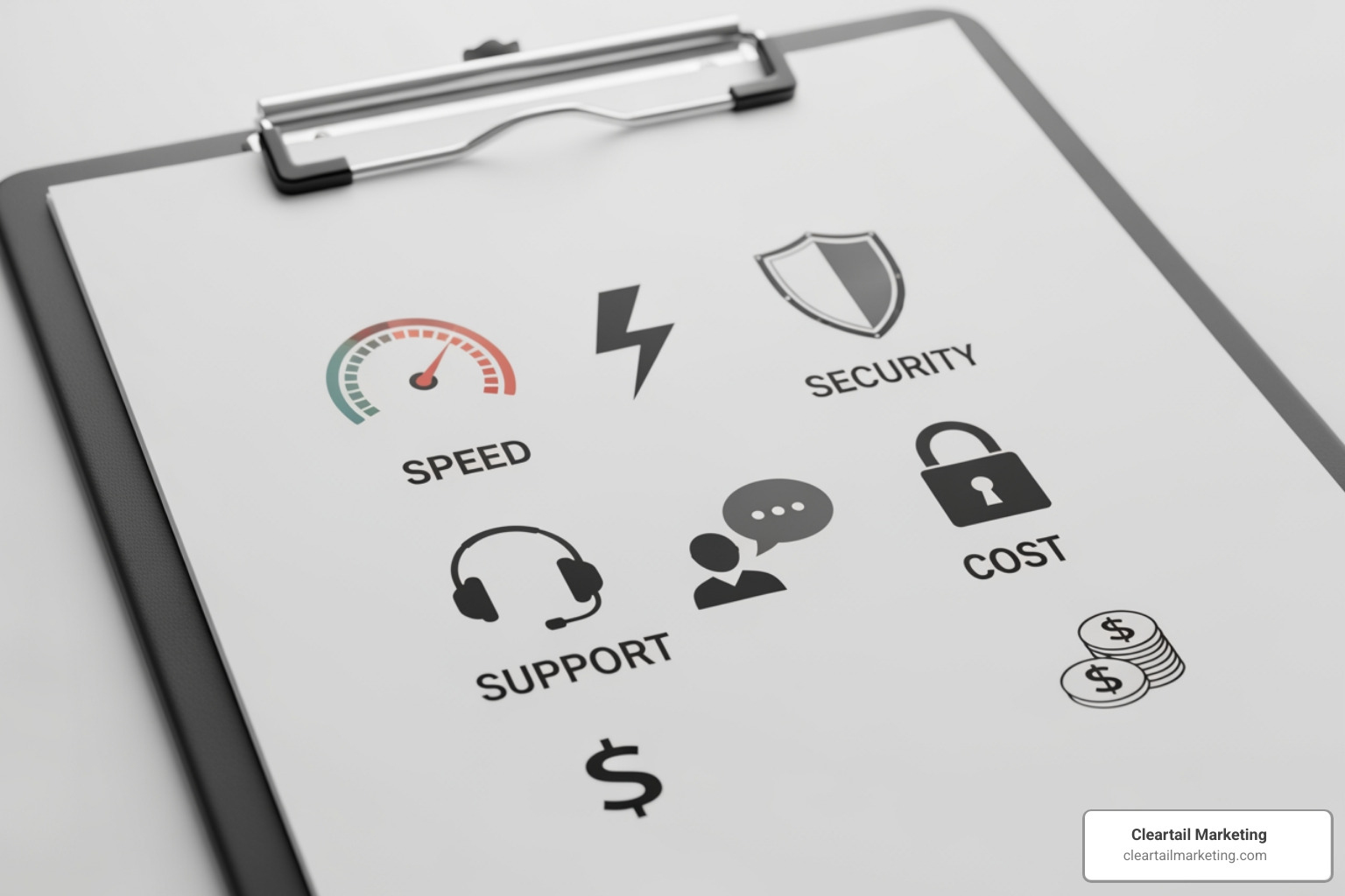 checklist with icons for speed, security, support, and cost - website hosting for small business