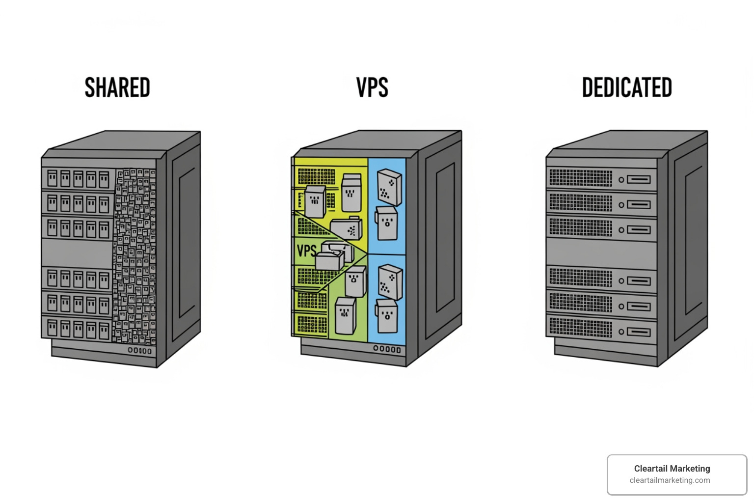 diagram showing the difference between shared, VPS, and dedicated servers - website hosting for small business