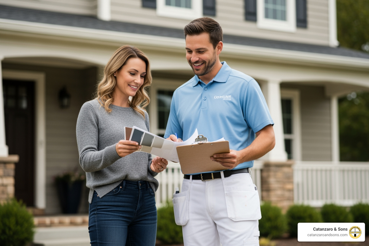 A friendly Catanzaro & Sons contractor discussing a project with a homeowner - Warwick painting services A friendly Catanzaro & Sons contractor discussing a project with a homeowner - Warwick painting services