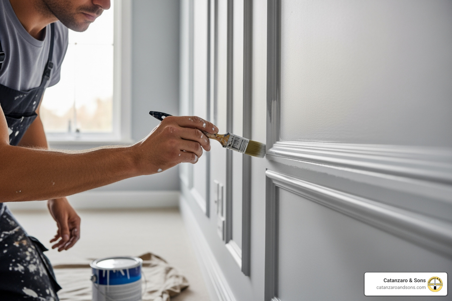 A Catanzaro & Sons painter using professional equipment for a crisp edge - Warwick painting services A Catanzaro & Sons painter using professional equipment for a crisp edge - Warwick painting services