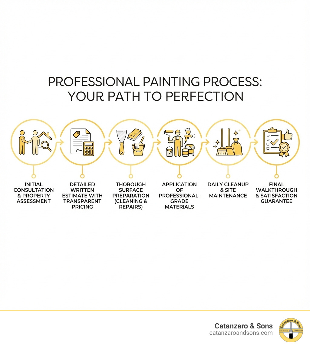 Infographic showing the professional painting process: Initial consultation and property assessment, detailed written estimate with transparent pricing, thorough surface preparation including cleaning and repairs, application of professional-grade materials, daily cleanup and site maintenance, final walkthrough and satisfaction guarantee - Warwick painting services infographic Infographic showing the professional painting process: Initial consultation and property assessment, detailed written estimate with transparent pricing, thorough surface preparation including cleaning and repairs, application of professional-grade materials, daily cleanup and site maintenance, final walkthrough and satisfaction guarantee - Warwick painting services infographic