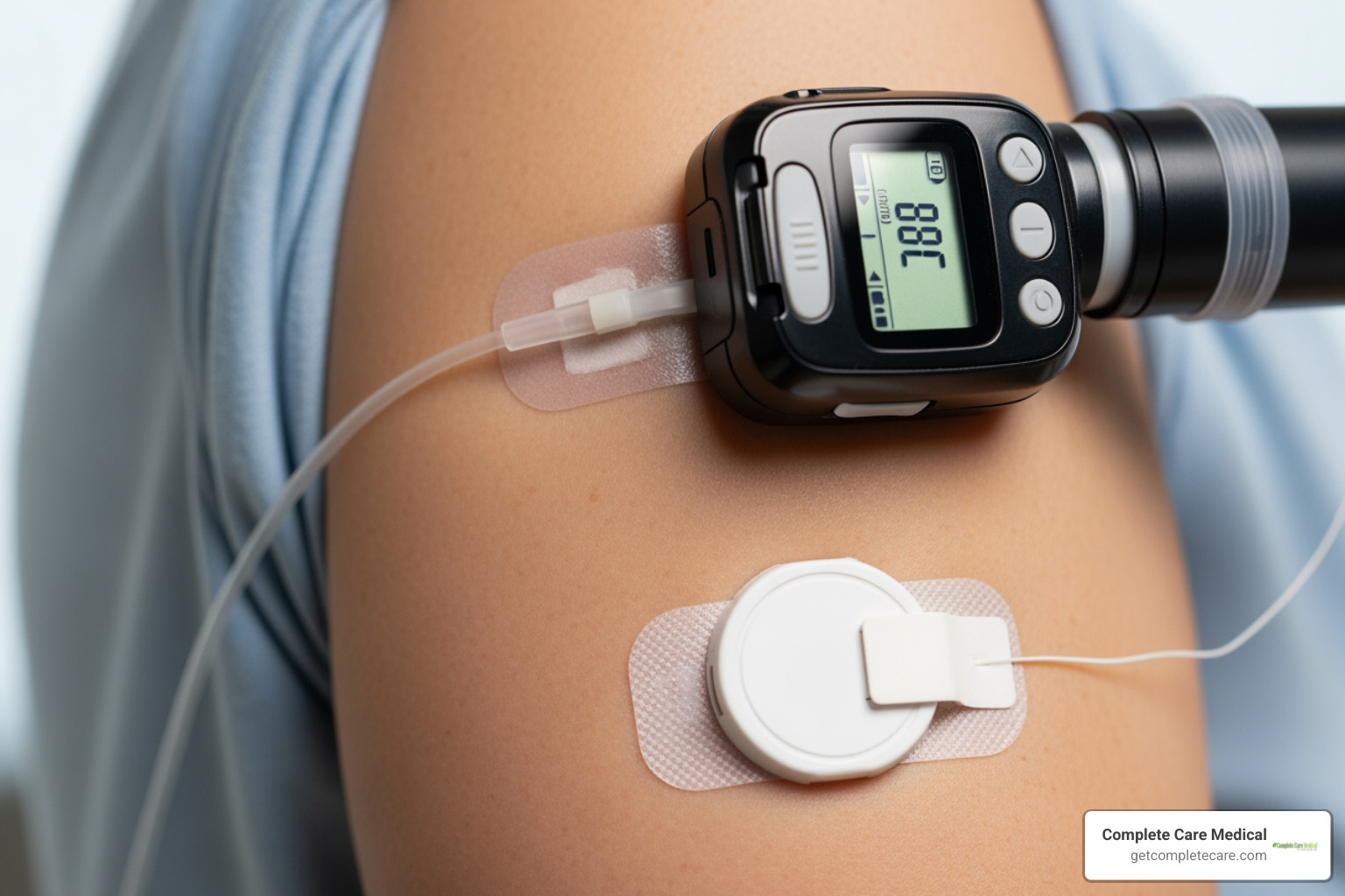 A modern insulin pump and a CGM sensor on a person's arm, illustrating integrated diabetes management technology. - diabetes supplies A modern insulin pump and a CGM sensor on a person's arm, illustrating integrated diabetes management technology. - diabetes supplies