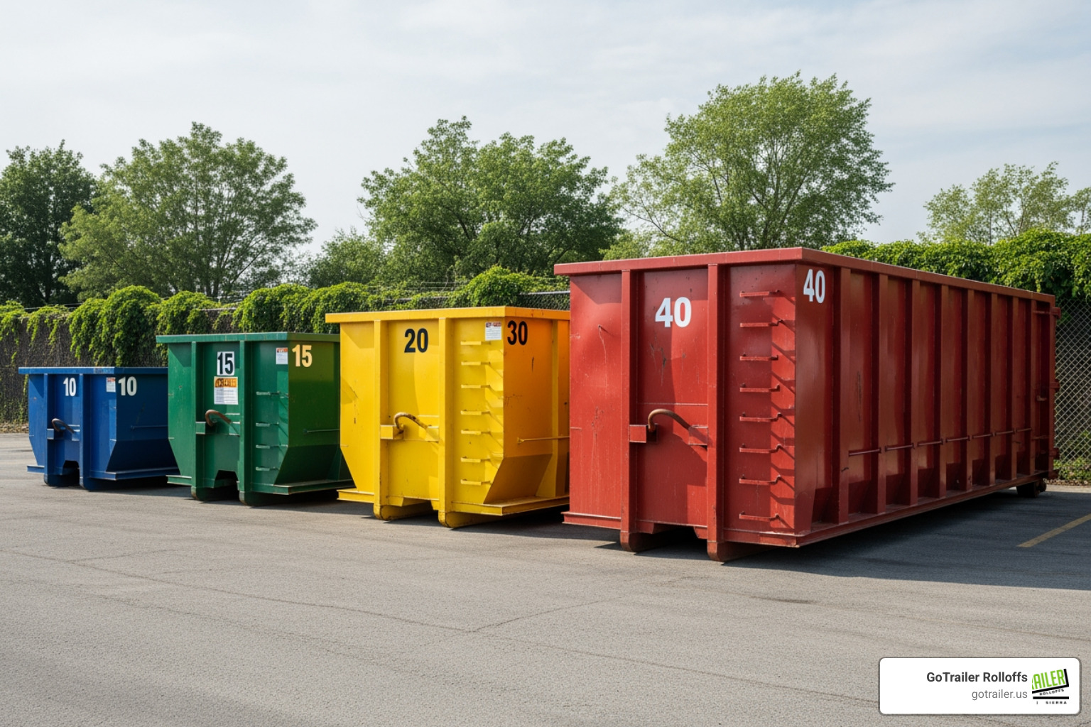 various GoTrailer Rolloffs dumpster sizes (10, 15, 20, 30, 40 yard) lined up for comparison - dumpster rental fort huachuca various GoTrailer Rolloffs dumpster sizes (10, 15, 20, 30, 40 yard) lined up for comparison - dumpster rental fort huachuca