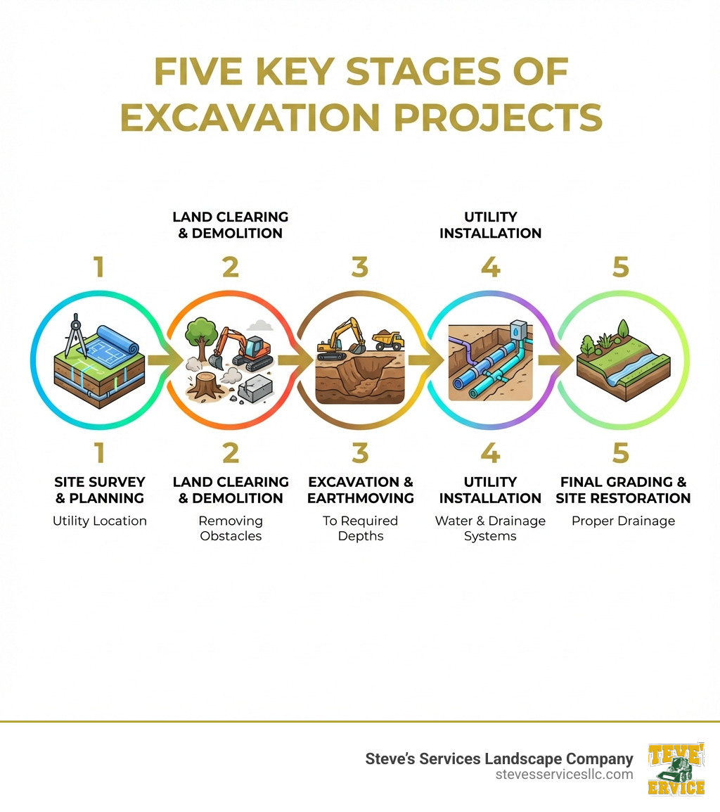 Infographic showing five key stages of excavation projects: 1) Site Survey and Planning with utility location, 2) Land Clearing and Demolition removing obstacles, 3) Excavation and Earthmoving to required depths, 4) Utility Installation for water and drainage systems, and 5) Final Grading and Site Restoration for proper drainage - Excavating Services infographic 