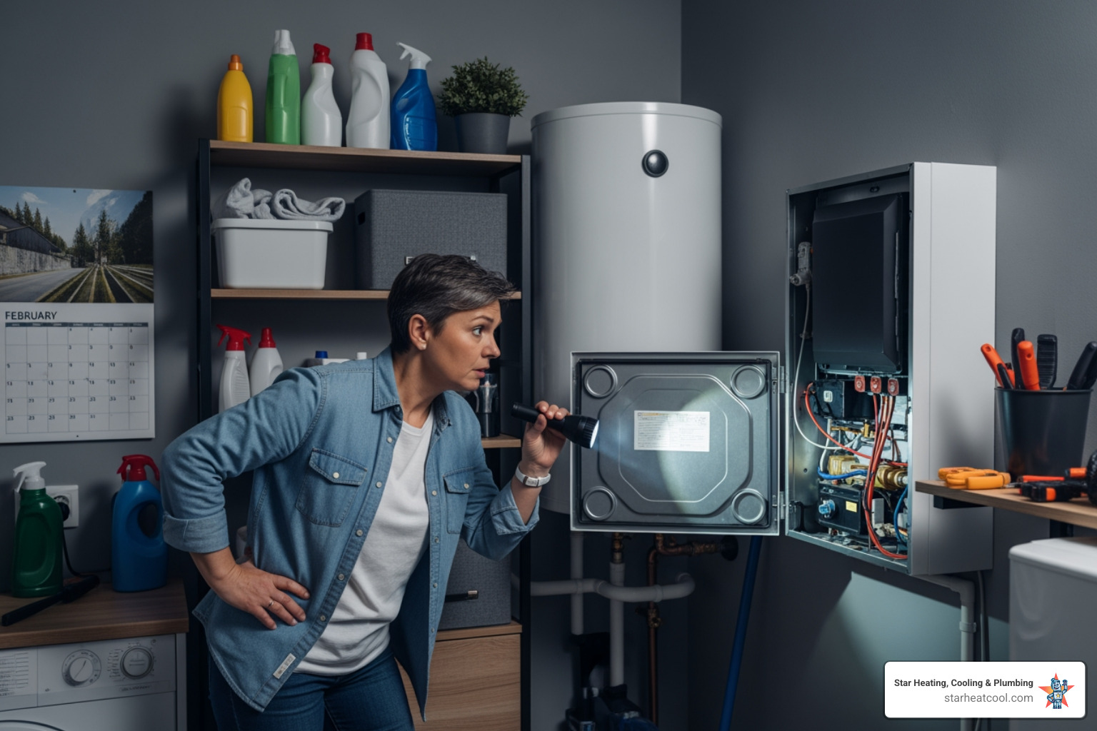 Infographic showing the main components of a tankless water heater system including the heat exchanger, ignition system, water flow sensor, gas valve, and venting system, with arrows indicating how cold water enters and hot water exits on demand - My tankless water heater isn't working. Who offers emergency tankless water heater repair in Arcadia, IN?"