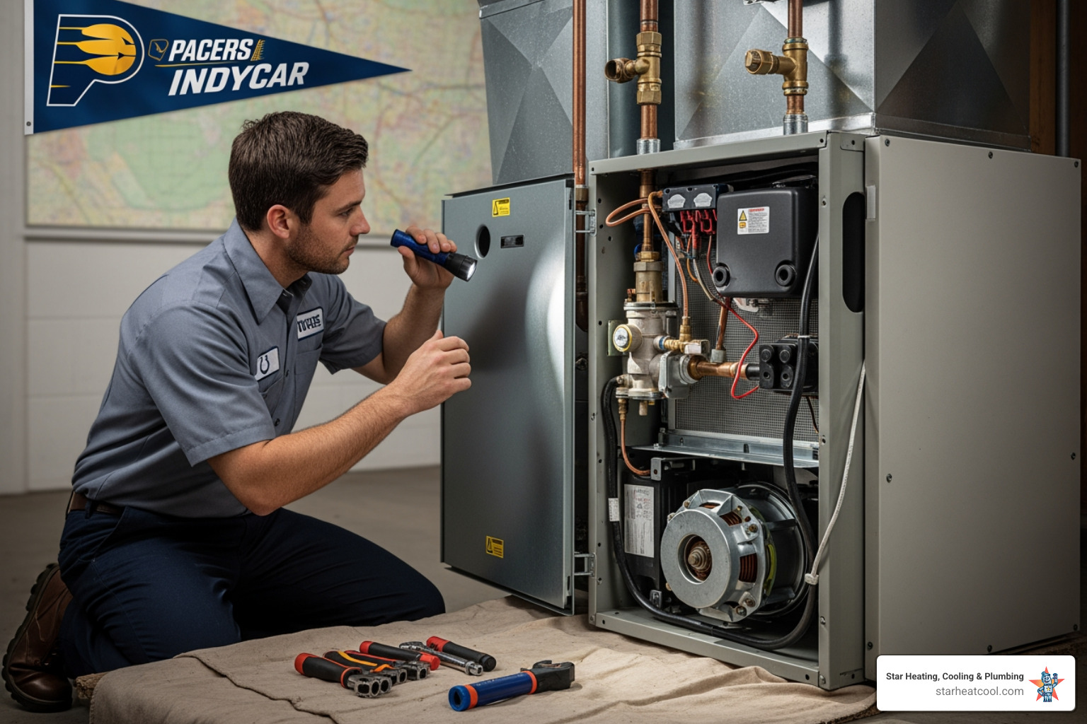 infographic showing top 5 warning signs your furnace needs repair: strange noises like banging or rattling, uneven heating or cold spots in your home, furnace cycling on and off frequently, higher than normal energy bills, and yellow pilot light or burning smells - 