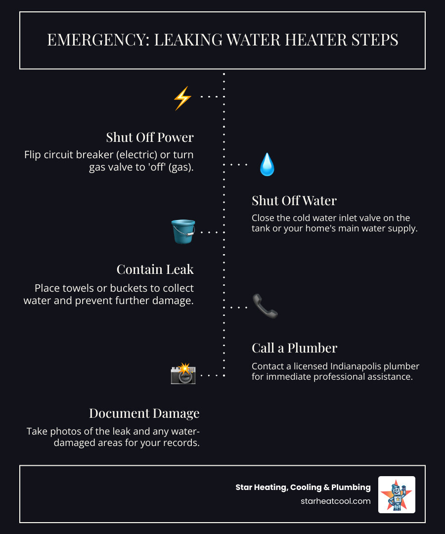 My water heater is leaking. Who provides Indianapolis water heater repair? 2 Infographic showing important steps for a leaking water heater: 1. Turn off power supply at breaker or gas valve, 2. Shut off cold water inlet valve, 3. Place towels or bucket to contain water, 4. Call a licensed plumber, 5. Document damage with photos for records - My water heater is leaking. Who provides Indianapolis water heater repair?