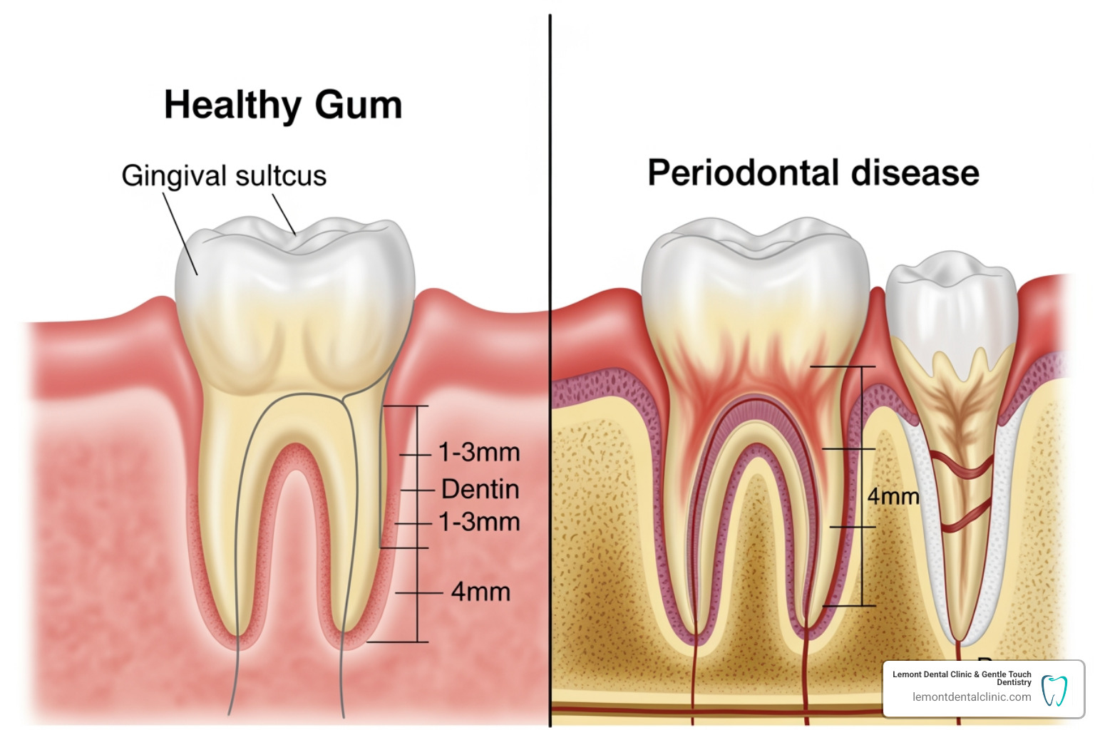 image illustrating the difference in gum pocket depth for regular vs. deep cleaning - professional dental cleaning