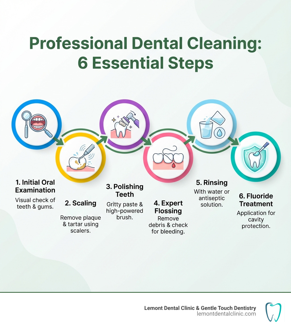 Infographic showing the 6 main steps of professional dental cleaning: 1. Initial oral examination with visual check of teeth and gums, 2. Scaling to remove plaque and tartar using hand or ultrasonic scalers, 3. Polishing teeth with gritty prophylaxis paste and high-powered brush, 4. Expert flossing to remove debris and check for bleeding, 5. Rinsing with water or antiseptic solution, 6. Fluoride treatment application for cavity protection - professional dental cleaning infographic 