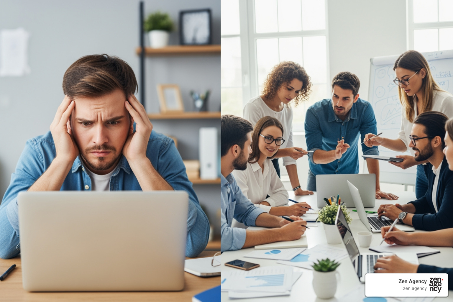confused person at a laptop vs. a team of experts collaborating - Expert PPC management confused person at a laptop vs. a team of experts collaborating - Expert PPC management