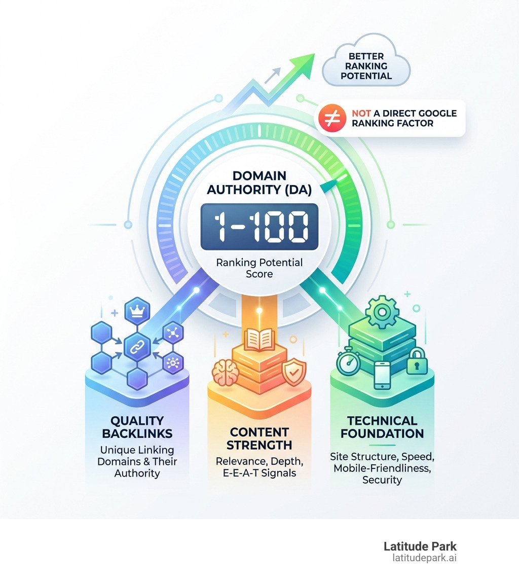 Infographic showing Domain Authority as a 1-100 score influenced by three main pillars: Quality Backlinks (number of unique linking domains and their authority), Content Strength (relevance, depth, and E-E-A-T signals), and Technical Foundation (site structure, speed, mobile-friendliness, and security). The graphic illustrates that higher DA correlates with better ranking potential, but is not a direct Google ranking factor. - high authority domain infographic Infographic showing Domain Authority as a 1-100 score influenced by three main pillars: Quality Backlinks (number of unique linking domains and their authority), Content Strength (relevance, depth, and E-E-A-T signals), and Technical Foundation (site structure, speed, mobile-friendliness, and security). The graphic illustrates that higher DA correlates with better ranking potential, but is not a direct Google ranking factor. - high authority domain infographic