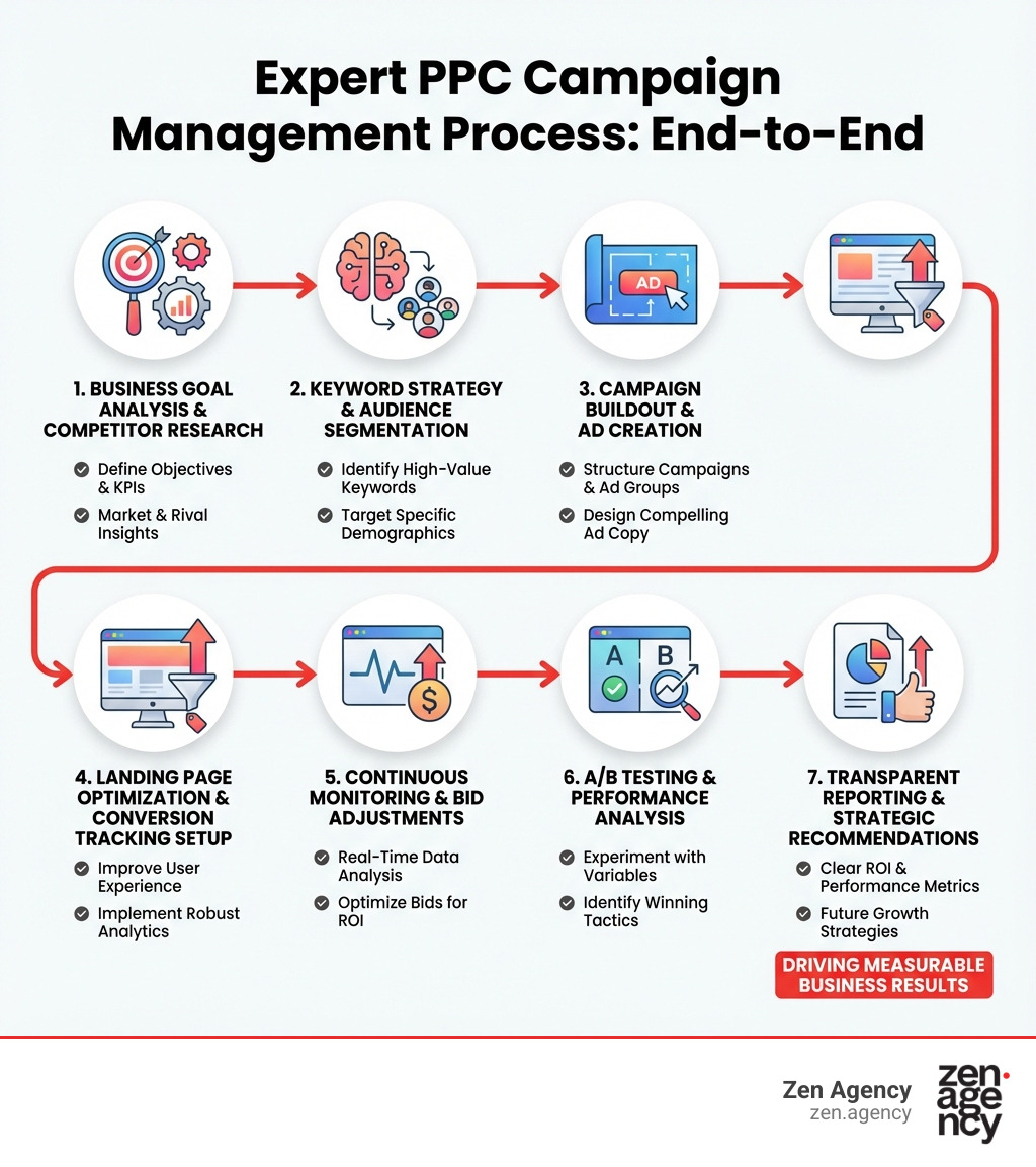 infographic showing the end-to-end PPC campaign management process: starting with business goal analysis and competitor research, moving through keyword strategy and audience segmentation, then campaign buildout and ad creation, followed by landing page optimization and conversion tracking setup, continuous monitoring and bid adjustments, A/B testing and performance analysis, and finally transparent reporting with strategic recommendations - Expert PPC management infographic infographic showing the end-to-end PPC campaign management process: starting with business goal analysis and competitor research, moving through keyword strategy and audience segmentation, then campaign buildout and ad creation, followed by landing page optimization and conversion tracking setup, continuous monitoring and bid adjustments, A/B testing and performance analysis, and finally transparent reporting with strategic recommendations - Expert PPC management infographic
