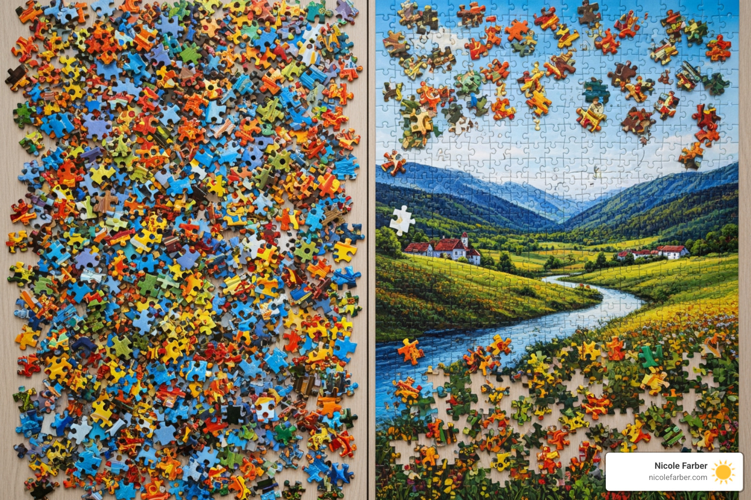 scattered puzzle pieces on one side and a completed puzzle on the other, labeled "Strategy" - law firm marketing consultant