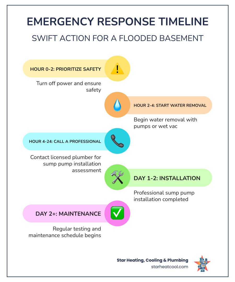 Infographic showing the response timeline for a flooded basement: Hour 0-2 Turn off power and ensure safety, Hour 2-4 Begin water removal with pumps or wet vac, Hour 4-24 Contact licensed plumber for sump pump installation assessment, Day 1-2 Professional sump pump installation completed, Day 2+ Regular testing and maintenance schedule begins - Infographic showing the response timeline for a flooded basement: Hour 0-2 Turn off power and ensure safety, Hour 2-4 Begin water removal with pumps or wet vac, Hour 4-24 Contact licensed plumber for sump pump installation assessment, Day 1-2 Professional sump pump installation completed, Day 2+ Regular testing and maintenance schedule begins -