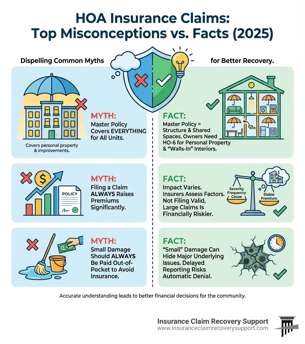 HOA insurance claims infographic illustrating top misconceptions versus facts about coverage, claims impact, and financial decisions for homeowners associations.