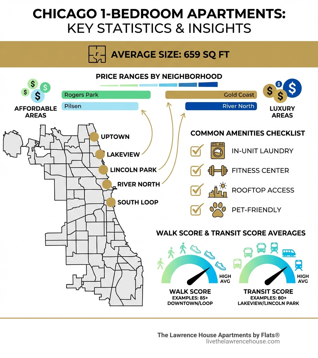 Infographic showing key statistics for Chicago 1-bedroom apartments: average 659 sq ft size, map highlighting popular neighborhoods (Uptown, Lincoln Park, South Loop, Lakeview, River North), common amenities checklist (in-unit laundry, fitness center, rooftop access, pet-friendly), and Walk Score/Transit Score averages for different areas - 1-bedroom apartments chicago infographic 