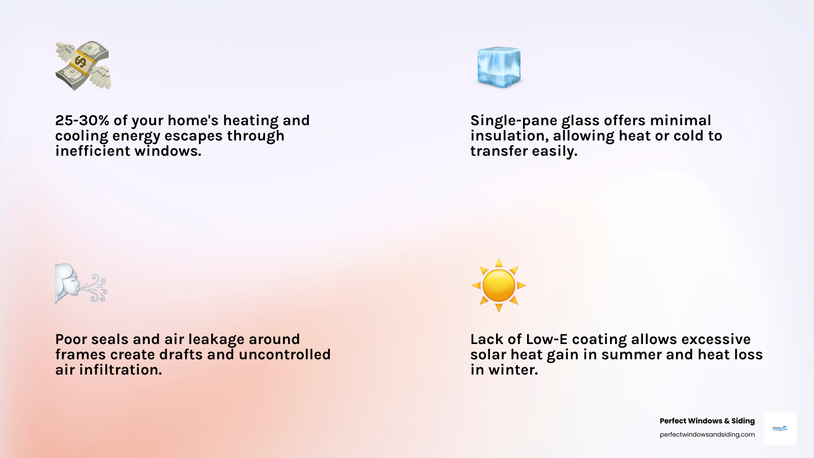 Infographic showing how 25-30% of home heating and cooling energy is lost through inefficient windows, with callouts for common problem areas like single-pane glass, poor seals, lack of Low-E coating, and air leakage around frames - energy efficient windows Chicago infographic 4_facts_emoji_light-gradient