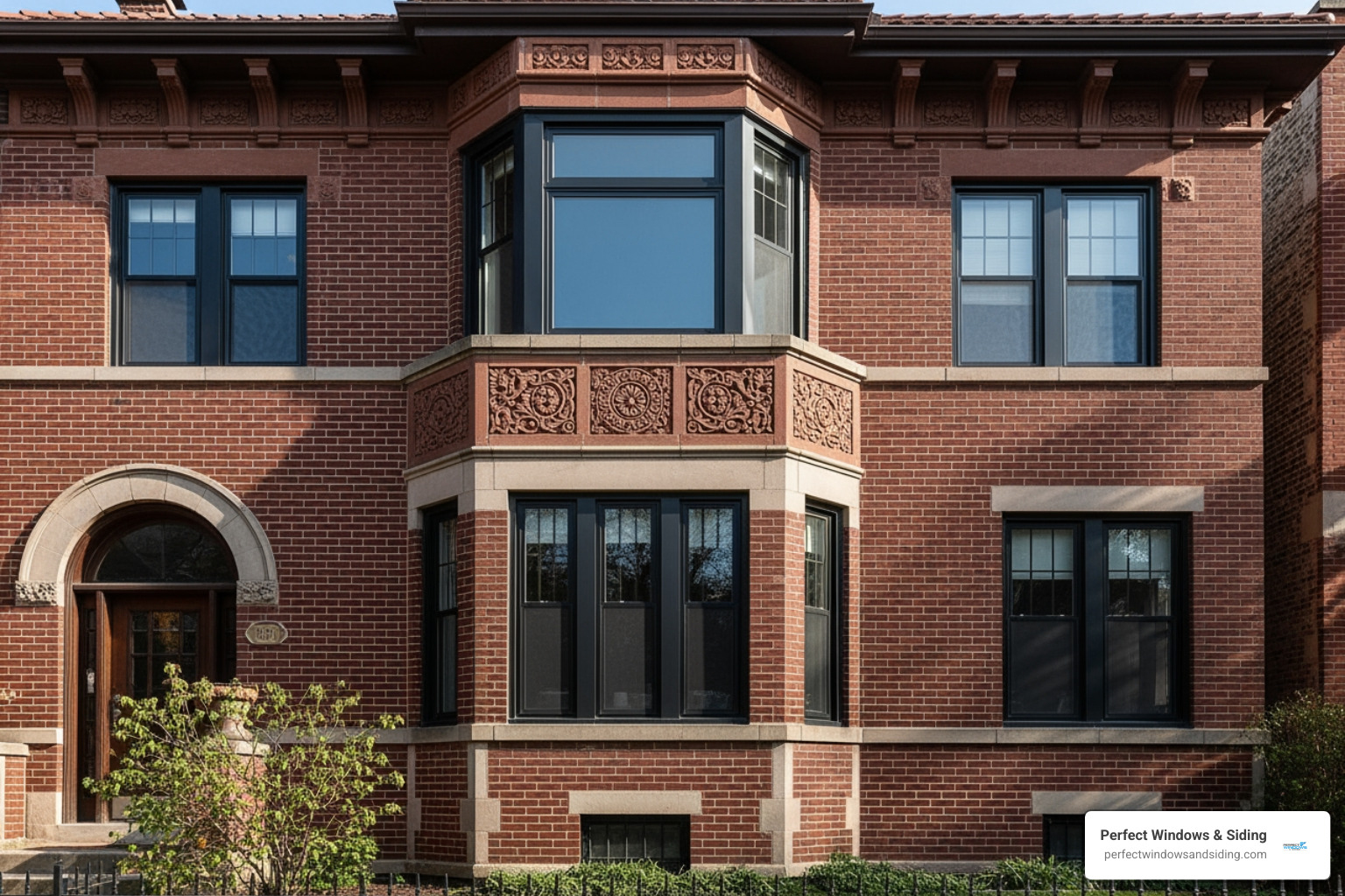 Different window styles on a Chicago-style brick home - energy efficient windows Chicago