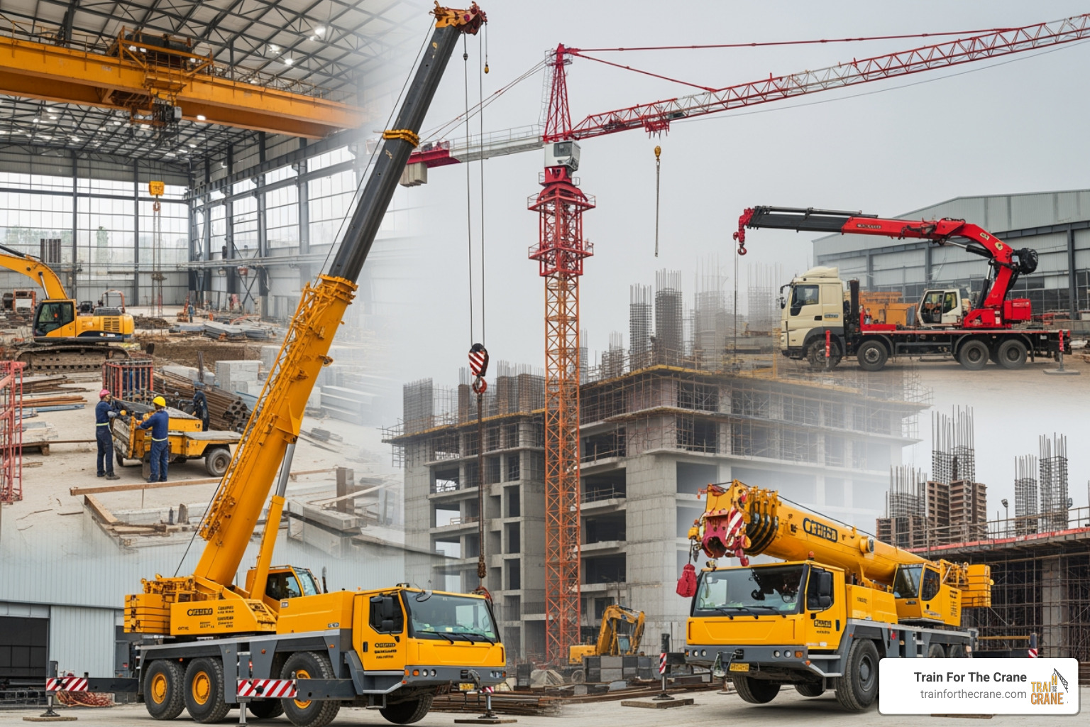 Collage of different crane types - construction crane operator Collage of different crane types - construction crane operator
