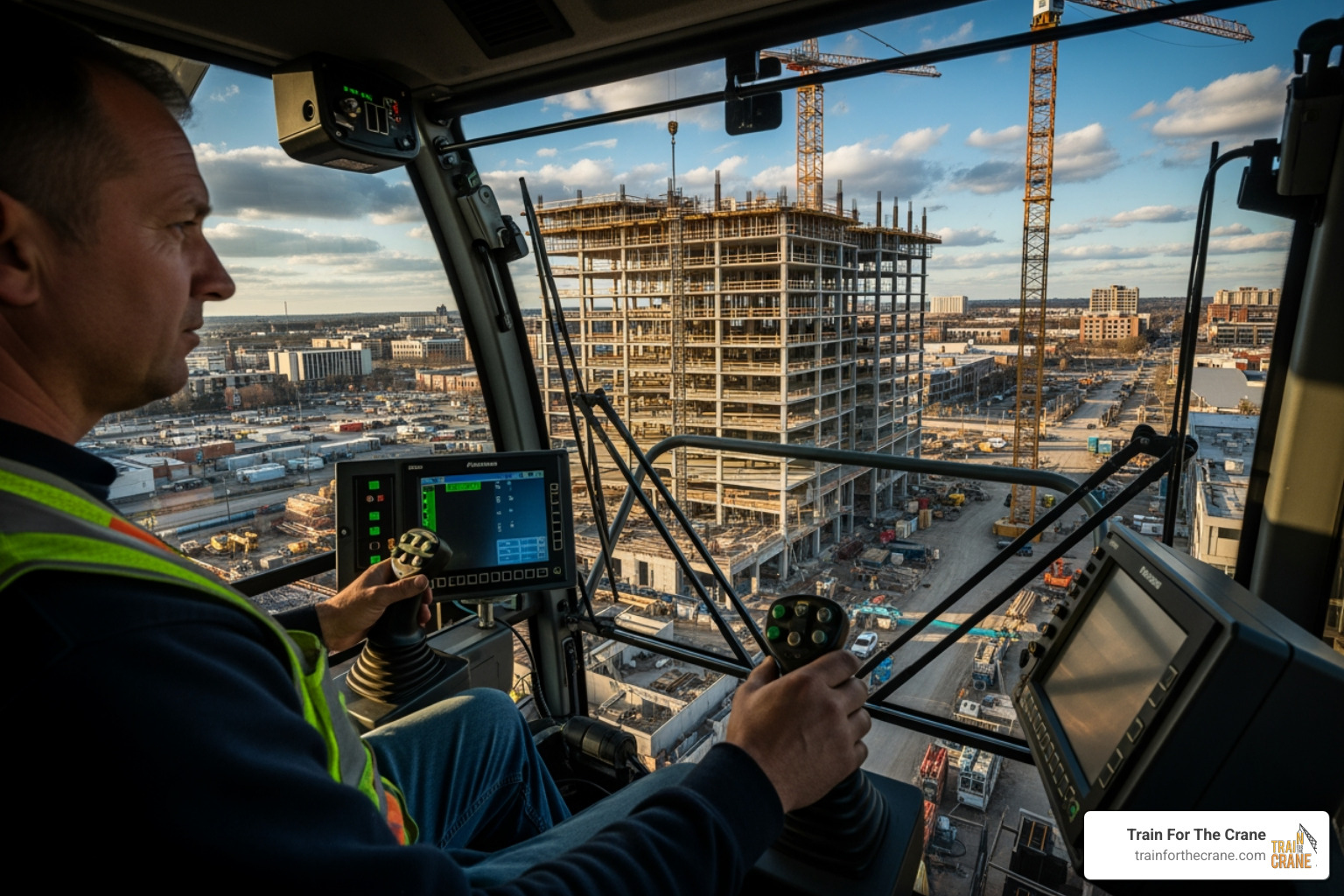 Crane operator inside a modern crane cab - construction crane operator Crane operator inside a modern crane cab - construction crane operator