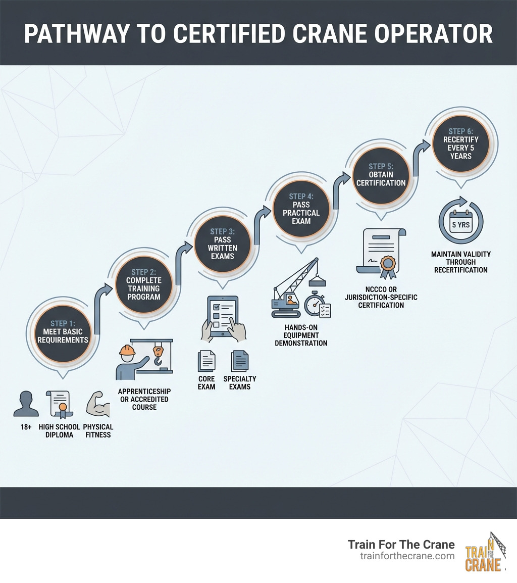Infographic showing the pathway to becoming a certified crane operator: Step 1 - Meet Basic Requirements (age 18+, high school diploma, physical fitness), Step 2 - Complete Training Program (apprenticeship or accredited course), Step 3 - Pass Written Exams (core exam plus specialty exams), Step 4 - Pass Practical Exam (hands-on equipment demonstration), Step 5 - Obtain Certification (NCCCO or jurisdiction-specific), Step 6 - Recertify Every 5 Years - construction crane operator infographic Infographic showing the pathway to becoming a certified crane operator: Step 1 - Meet Basic Requirements (age 18+, high school diploma, physical fitness), Step 2 - Complete Training Program (apprenticeship or accredited course), Step 3 - Pass Written Exams (core exam plus specialty exams), Step 4 - Pass Practical Exam (hands-on equipment demonstration), Step 5 - Obtain Certification (NCCCO or jurisdiction-specific), Step 6 - Recertify Every 5 Years - construction crane operator infographic