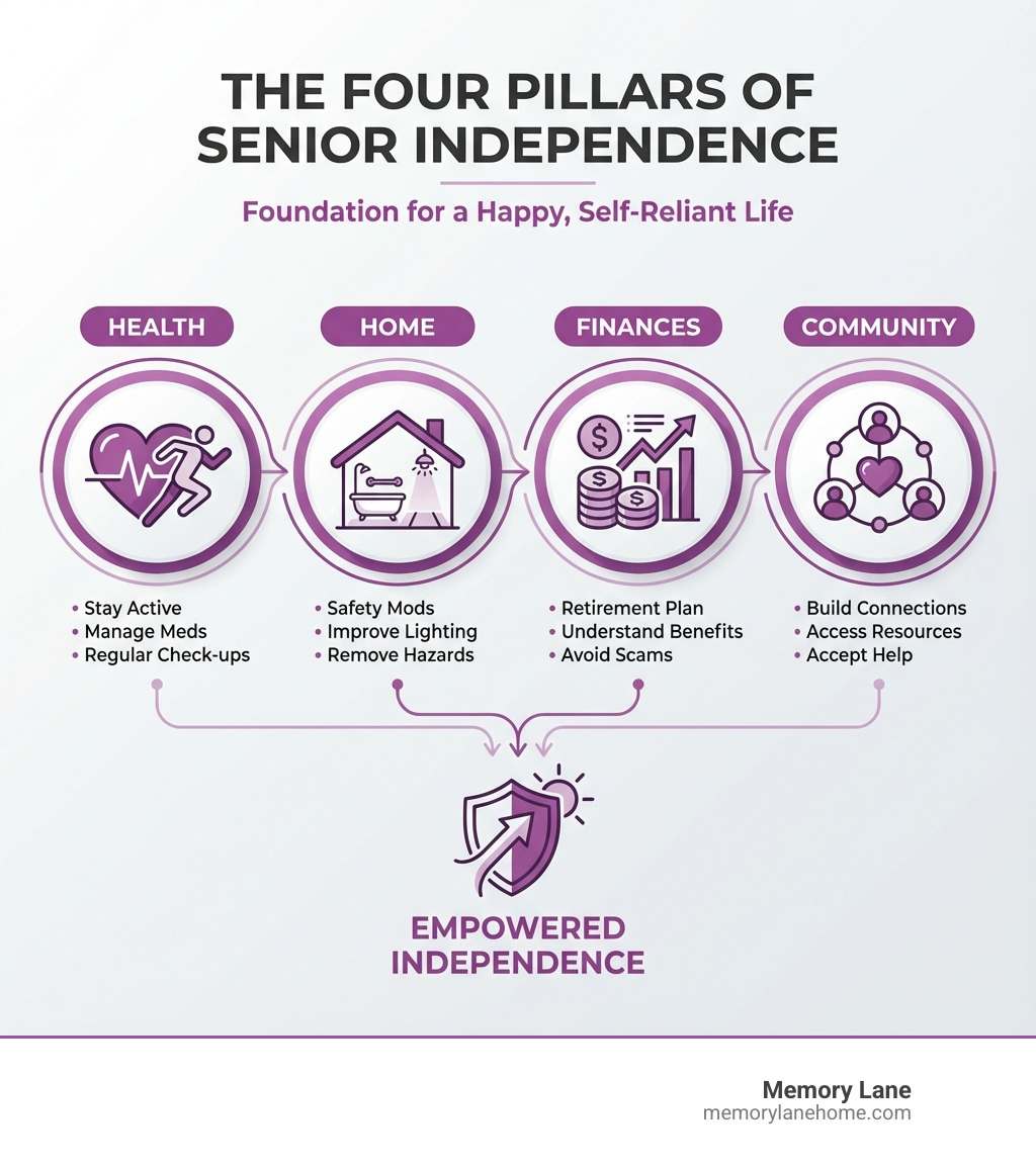 infographic showing the four pillars of senior independence: Health (heart icon with exercise figure), Home (house icon with safety features), Finances (money icon with budget chart), and Community (people icon with support network) - maintain independence seniors infographic 