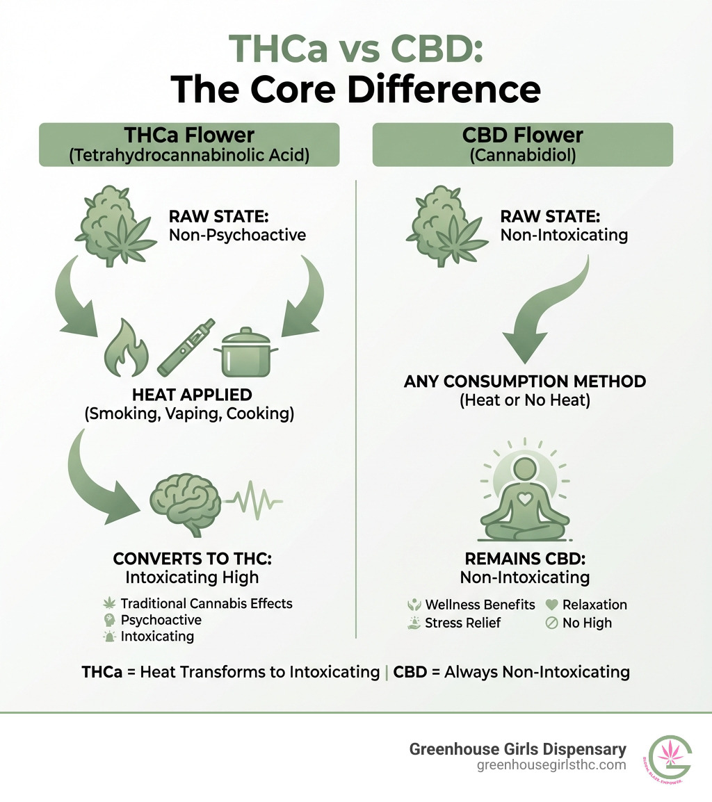 Infographic comparing THCa and CBD: THCa is a raw, non-psychoactive cannabinoid that converts to intoxicating THC when heated through smoking, vaping, or cooking, while CBD remains non-intoxicating regardless of consumption method, offering wellness benefits like stress relief and relaxation without any high - THCa flower vs CBD infographic 
