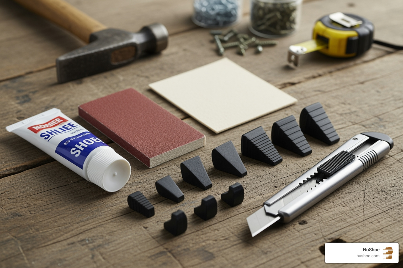 DIY shoe repair kit with adhesive, sandpaper, replacement heel taps, and a utility knife - heel sole replacement