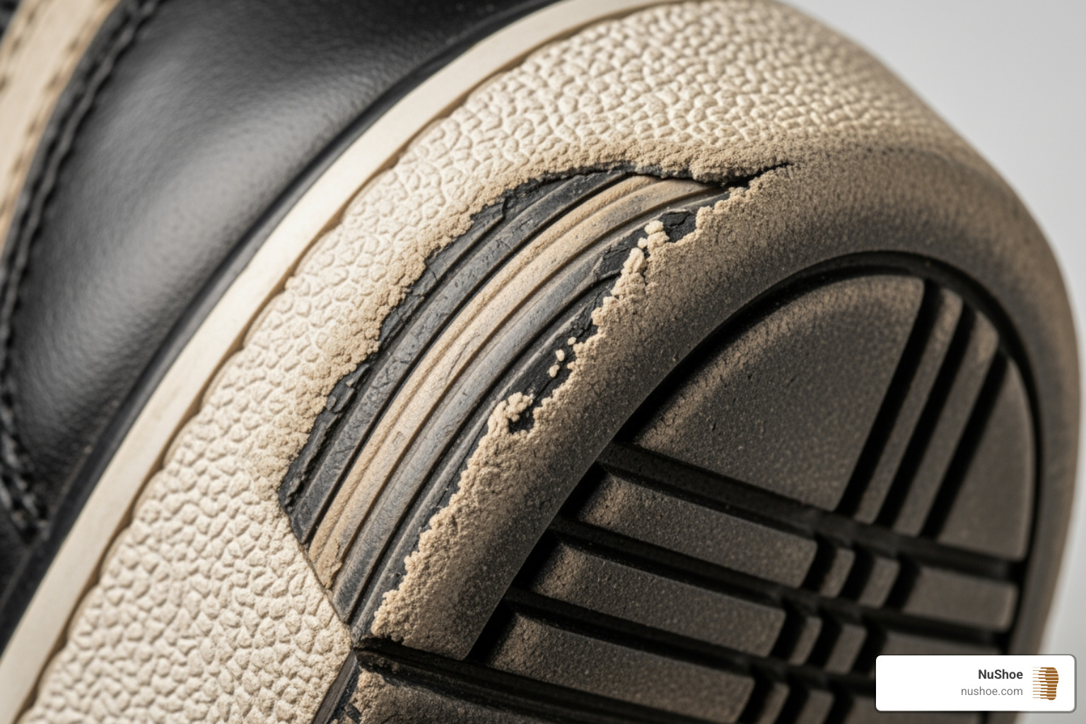 close-up of shoe heel and sole damage - heel sole replacement